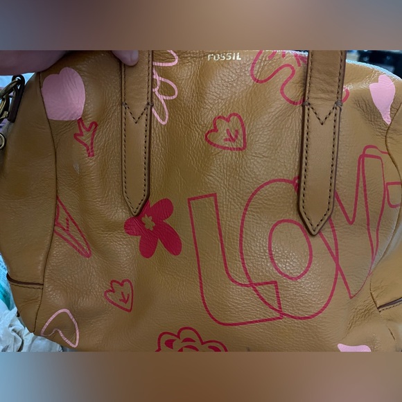 Camel leather Fossil bag. Has pink, red flowers and the word LOVE on front side. - Picture 2 of 4